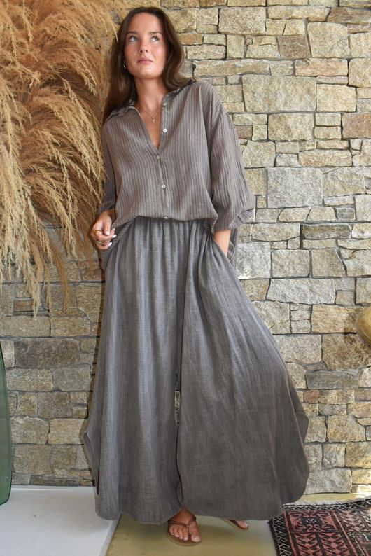 Sundaze Cheesecloth Chalk Stripe Boyfriend Shirt Mocha & Earth